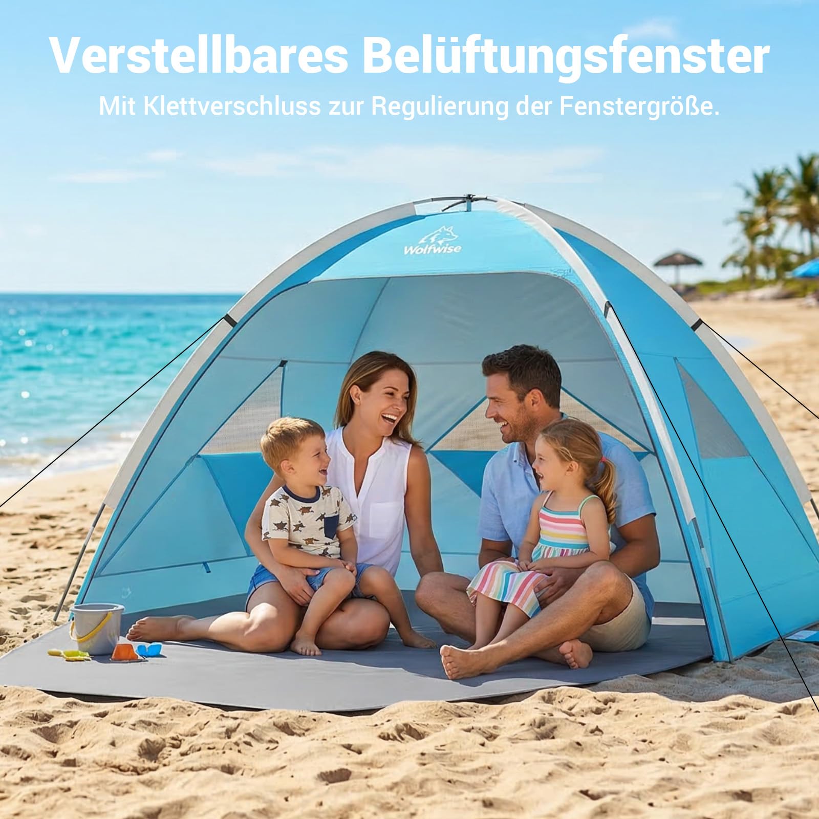 Wolfwise Strandmuschel UV Schutz, 3 Belüftungsfenster & Tragetasche, Strand Zelt mit erweiterbarem Boden für Privatsphäre, 4 Personen, 240x165x140cm(95 ''x65''x55''), Blau 8
