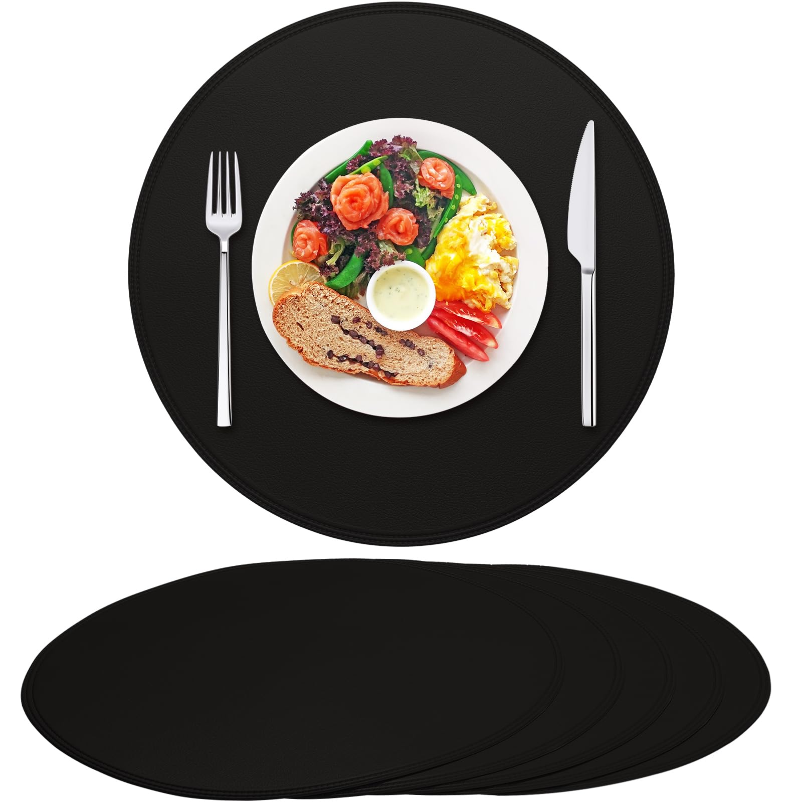 Photo 1 of Rinpon Round Vinyl Black Placemats Set of 6, Faux Leather Waterproof Wipeable Heat Resistant Place Mats, Washable Table Mats for Halloween, Thanksgiving & Christmas Dinner(Black)