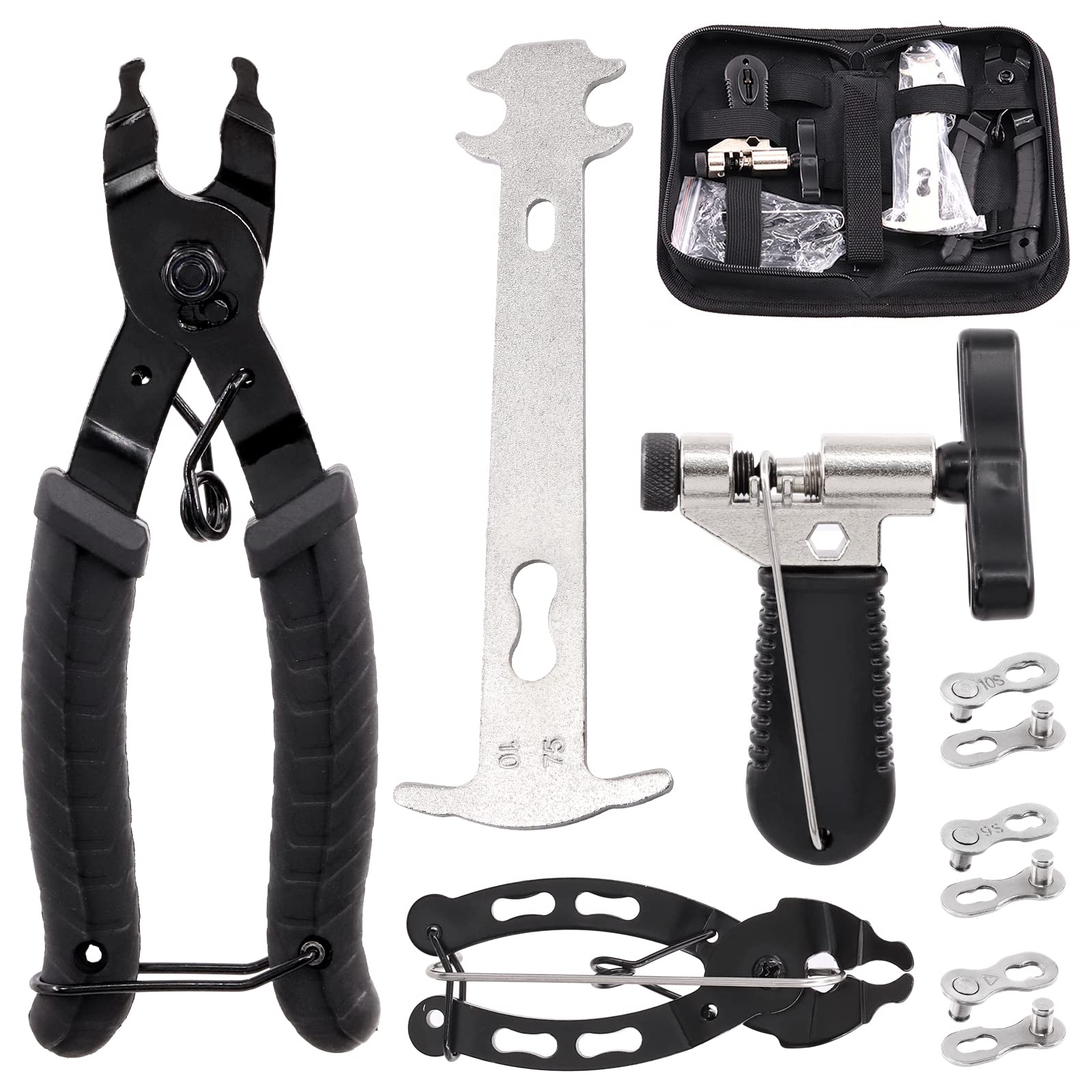 Swpeet 11Pcs Bike Chain Repair Tool Assortment Kit, Including Bike Chain Plier, Bicycle Chain Master Link Pliers, Wear Indicator Chain Checker, Chain Breaker Splitter Tool and Missing Link Connector