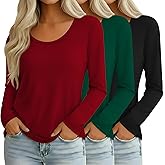 Ficerd 3 Pack Women's Long Sleeve Shirts Casual Scoop Neck Basic Tops Solid Layer T Shirts for Ladies