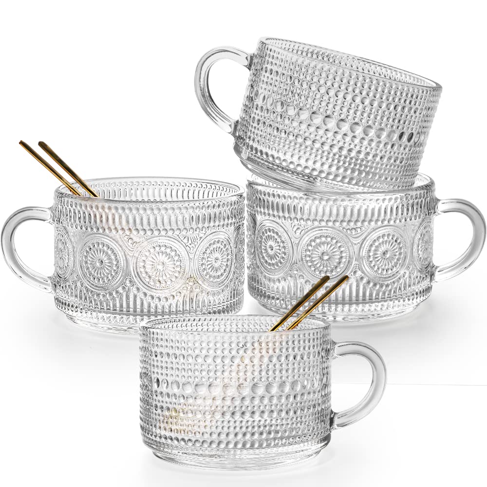 Gutsdoor Vintage Glass Coffee Mugs Set of 4, 14 Oz Clear Embossed Glass Coffee Cups, Stackable Breakfast Cups with Gold Spoon for Cereal, Latte, Tea, Beverages (2*Flower+2*Beads).