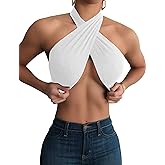 Mokoru Women's Sexy Sleeveless Halter Criss Cross Tank Crop Tops Self Tie Backless Cami