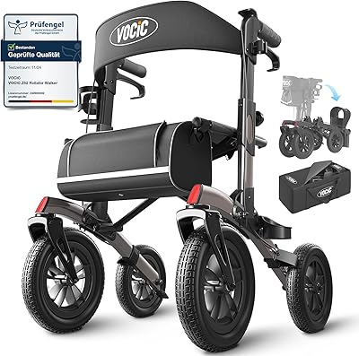 VOCIC Rollator Faltbar und Leicht mit Sitz,Outdoor Rollator mit Gummi-Nonluftbereifung für Allen Gelände,Aluminium Höhenverstellbare Rollatoren für Draußen&Langlauf&Reisen,Grau(5 Jahre Support)