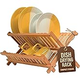 Bamb&uuml;si 2-Tier Dish Drying Rack, Bamboo Dish Drainer for Kitchen Counter | Wooden Dish Rack Folds Flat, Collapsible Drainer Holds Plates Cups Bowls Mugs Utensils, Compact for Home RV Dorm, No Assembly