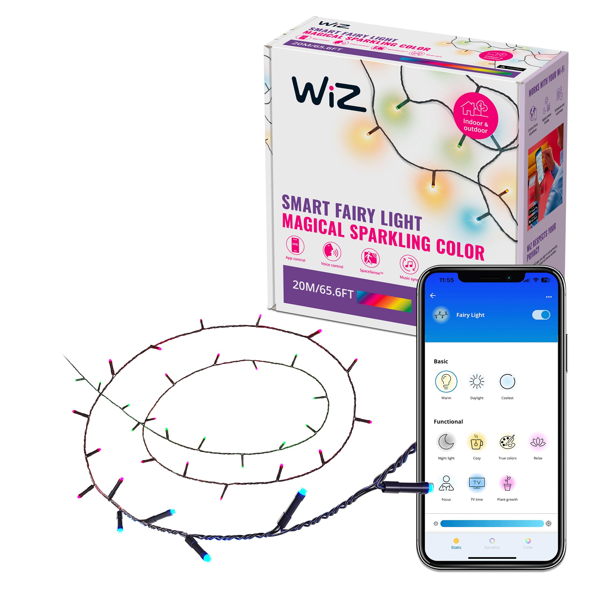 WiZ RGBIC Smart LED Fairy Light - Lichterkette mit 160 LEDs, 16 Mio. Farben + Weißschattierungen, 8 Lichtzonen, verbindet sich mit WLAN, Sprach- / App-Steuerung, funktioniert mit Google Home, Alexa