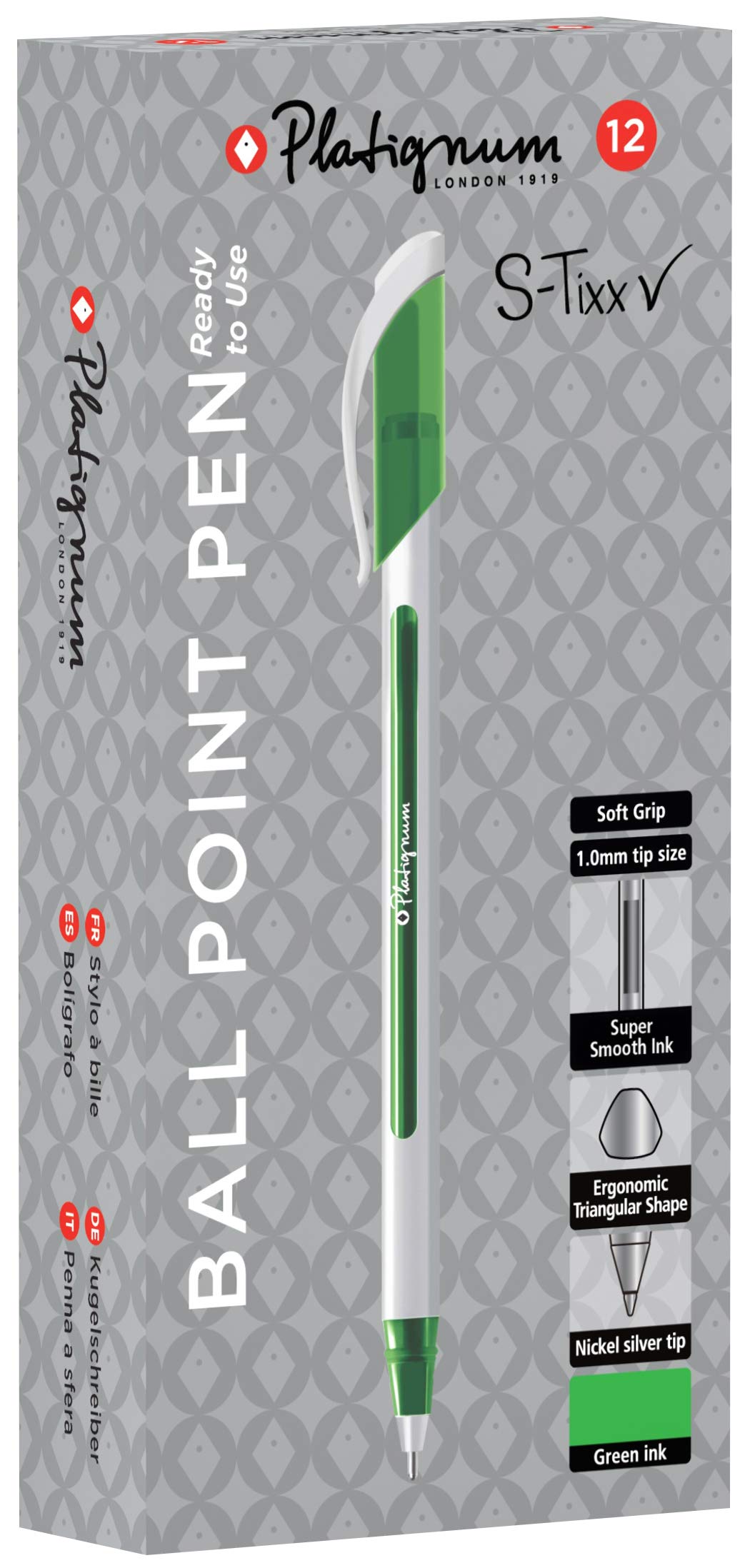 Platignum S-Tixx Green Ballpoint Pen [Pack of 12] Soft Grip Barrel with LV Ink for Smudge- and Ultra-Smooth Writing [50515]
