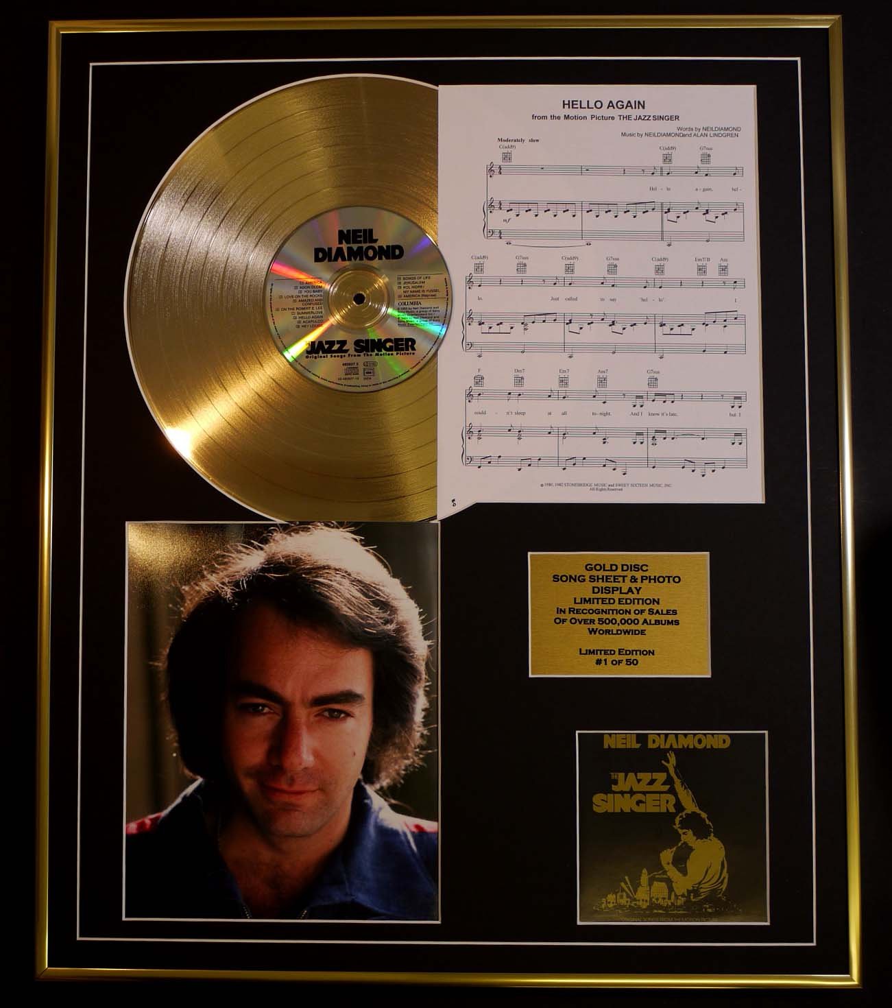 NEIL DIAMOND/CD GOLD DISC, SONG SHEET & PHOTO DISPLAY/LTD. EDITION/COA/ALBUM, JAZZ SINGER/SONG SHEET, HELLO AGAIN