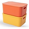 HapiLeap Plastic Storage Bins with Lid, Stackable Storage Containers for Organizing, Decorative Storage Baskets for Shelves Kitchen Living Room Playroom Classroom Office (Medium (Yellow+Orange))