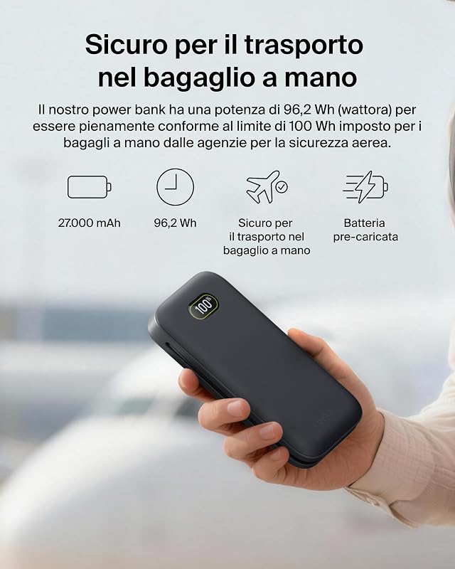 UltraCharge Pro Power Bank 27000mAh, Caricatore Portatile con Cavo USB C Integrato, USB PD 240W, Power Bank Portatile con Carica Rapida per MacBook Pro, iPhone, iPad Pro, Galaxy, Pixel, Carbone