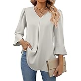 Funlingo Womens 3/4 Length Sleeve Tops Dressy Casual V Neck Business Chiffon Blouses Pleated Trendy Work Shirts