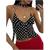 SOLY HUX Women's Polka Dots Halter Crop Top Y2k Tie Backless Deep V Neck Party Rave Tops with Scarf