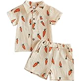 Doqcey Toddler Baby Boy Easter Outfits Bunny Carrot Lapel Button Down Short Sleeve Shirt Cotton Linen Shorts Clothes Set 2Pcs