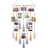 Mkono Hanging Photo Display Boho Macrame Wall Decor with Light, Teen Girl Teenage Gifts, Pictures Cards Frame Holder Art Hanger for Christmas Birthday Party Bedroom Dorm, with 30 Wood Clips, Multi