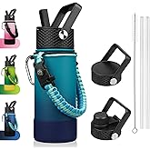 BJPKPK Water Bottle with Straw Lid, 18oz Insulated Water Bottles with 3 Lids, Paracord Handle & Non-slip Boot, Metal Stainless Steel Thermal Flasks, BPA Free Leak Proof Cups, Tumblers,Vast