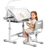 Rengue Kids Desk and Chair Set, Height Adjustable Children School Functional Study Desk with 55&deg; Tiltable Desktop, 3 Modes &amp; Brightness LED Light, Storage Drawer &amp; Metal Hook for Boys Girls (Grey)