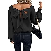 Womens Bow Back Sweater Sexy Off The Shoulder Pullover Sweaters Oversized Long Sleeve V Neck Knit Tops