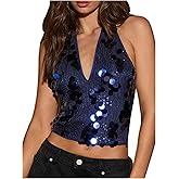 MakeMeChic Women's Y2K Party Summer Sequin Halter Top Tie Open Back Sleeveless Crop Tank Tops