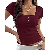 AKLOPVII Women Y2K Short Sleeve Button Up Lace Patchwork Crop Tshirt Tops Slim Fit Scoop Neck Henley Summer Girl Tee