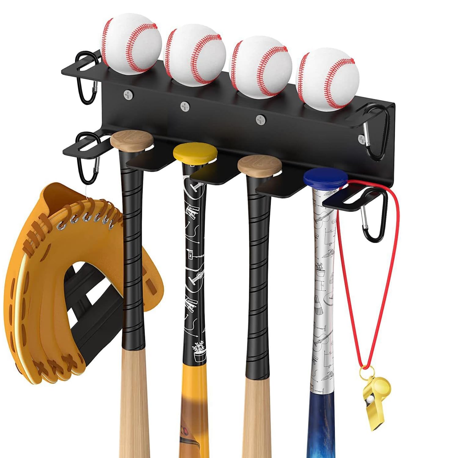Ompinda Wall Mount Baseball Storage Rack, Heavy Duty Metal Baseball Bat Holder Sports Equipment Organizer for Bat and Ball Display in Home or Baseball Stadium