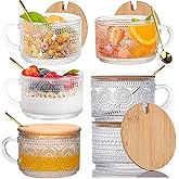 Miyxsin Vintage Glass Coffee Mugs Tea Cups 6Pcs Set with Bamboo Lids and Spoons, 15oz Embossed Clear Glassware Tea Cups, Ideal Coffee Bar Teapot Accessories for Latte, Tea Christmas Gifts