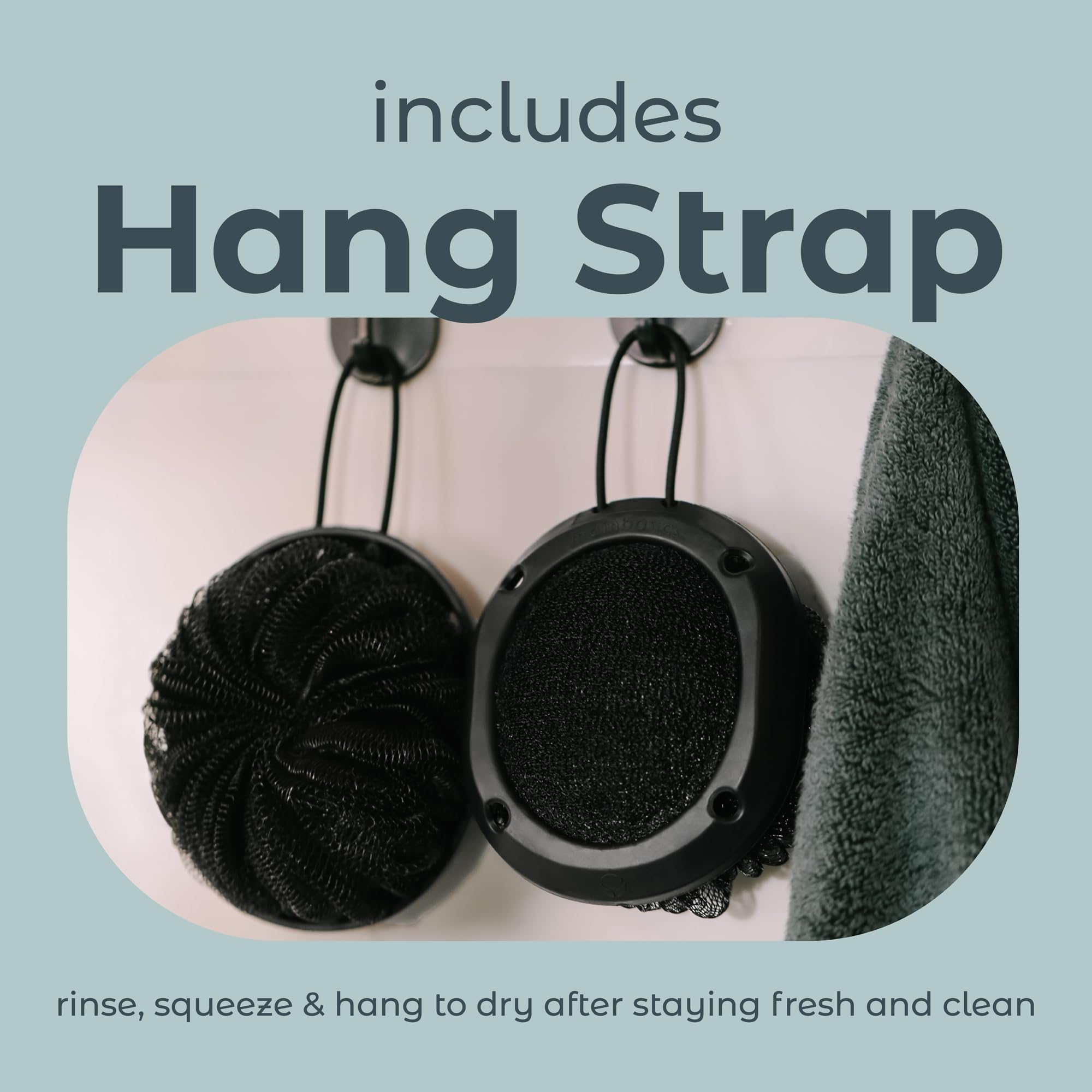 MainBasics Shower Tool Duo 2-1 Shower Loofah Sponge and Exfoliating Body Scrubber (2 Pack, Black)