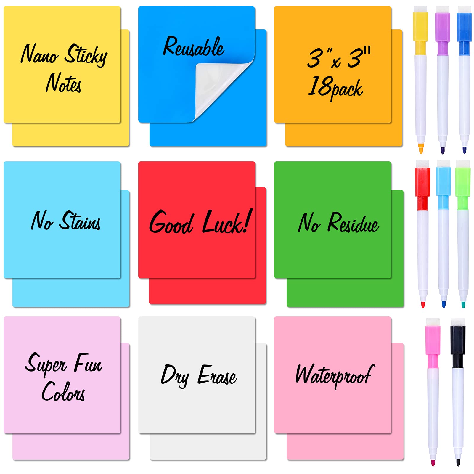 Zayvor 18 Dry Erase Sticky Notes,Reusable Washable Mini Whiteboard Stickers Squares,3x 3 Nano Sticky Notes Post It Notes,8 Dry Erase Markers With Eraser,for Labels Lists Reminders, Washable, Removable