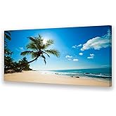 Muolunna ARX0662 Large Canvas Wall Art Summer Ocean Waves Prints Coconut Trees Beach Seascape Painting Hawaii Sea Nature Pictures Stretched and Framed for Living Room Home Office Wall Decor Artwork