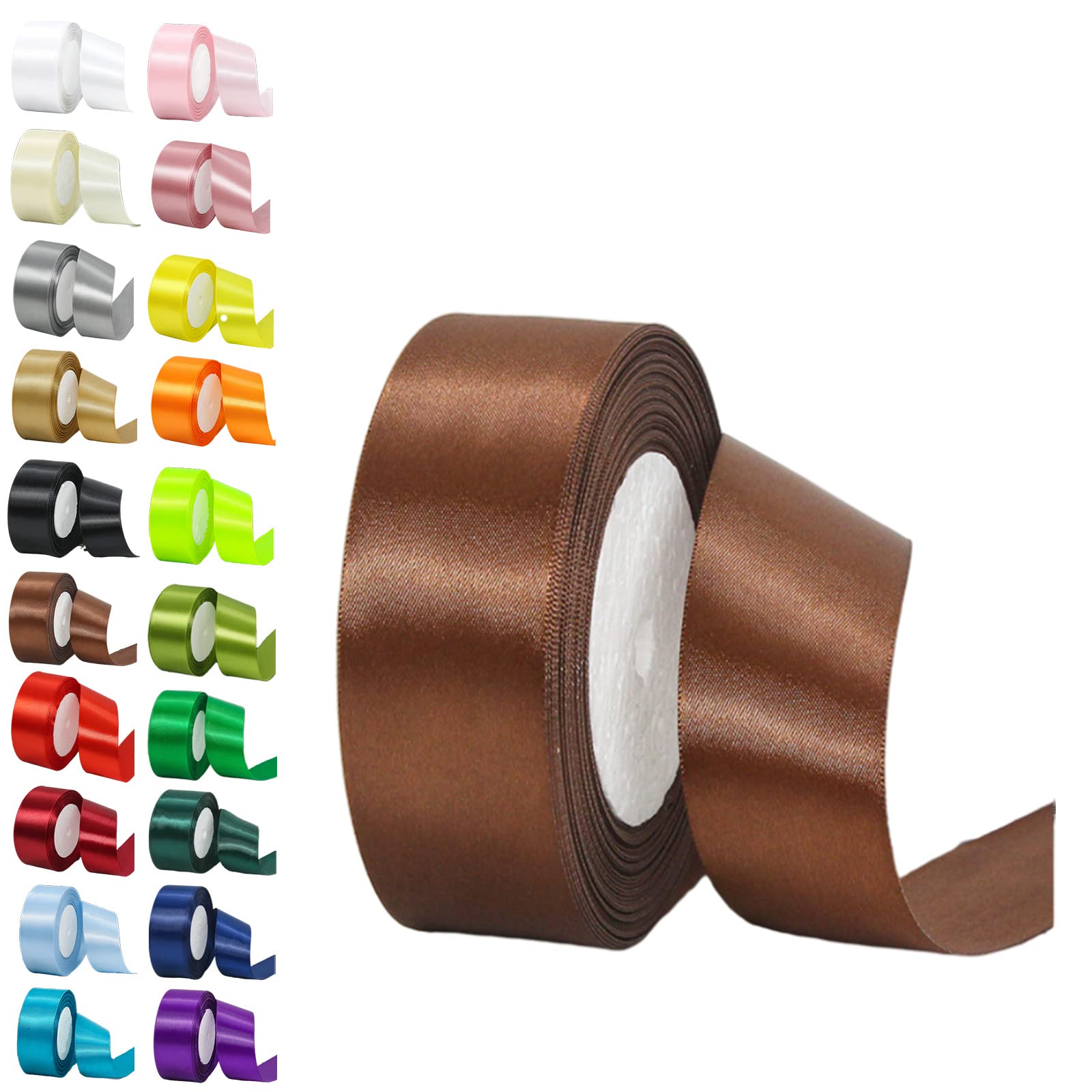 Coffee Brown Fabric Ribbon - 22M x 1.5Inch, Solid Double Sided Satin, Thick, for Gift Wrapping, Wedding, Car, Sewing, Floral, Xmas Presents