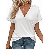 Valiamcep T Shirts Short Ruffle Sleeve V Neck Tees Womens Tops Beach Vacation 2026 Casual Summer Spring Outfits