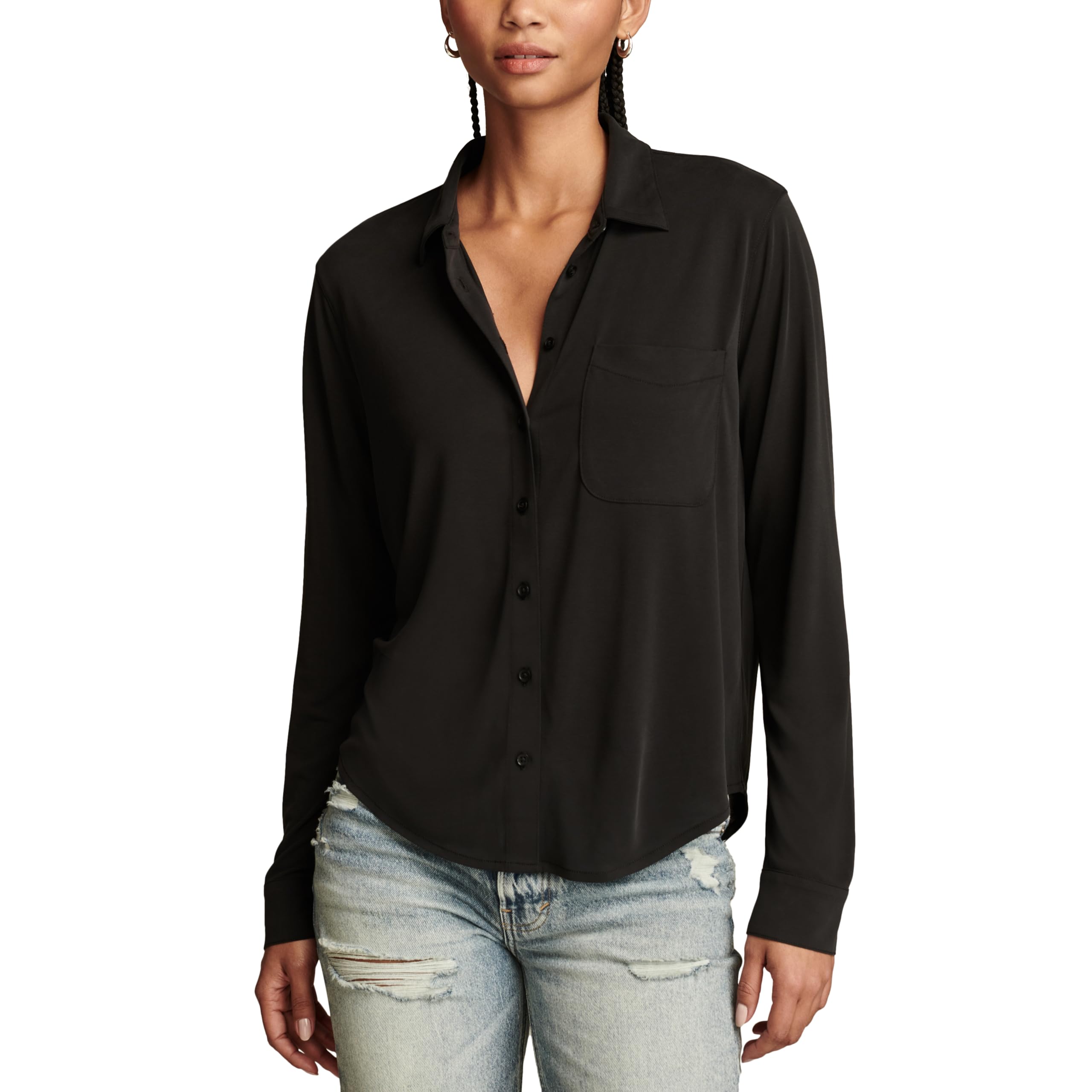 Lucky Brand Women’s Sandwash Long Sleeve Button Front, Jet Black