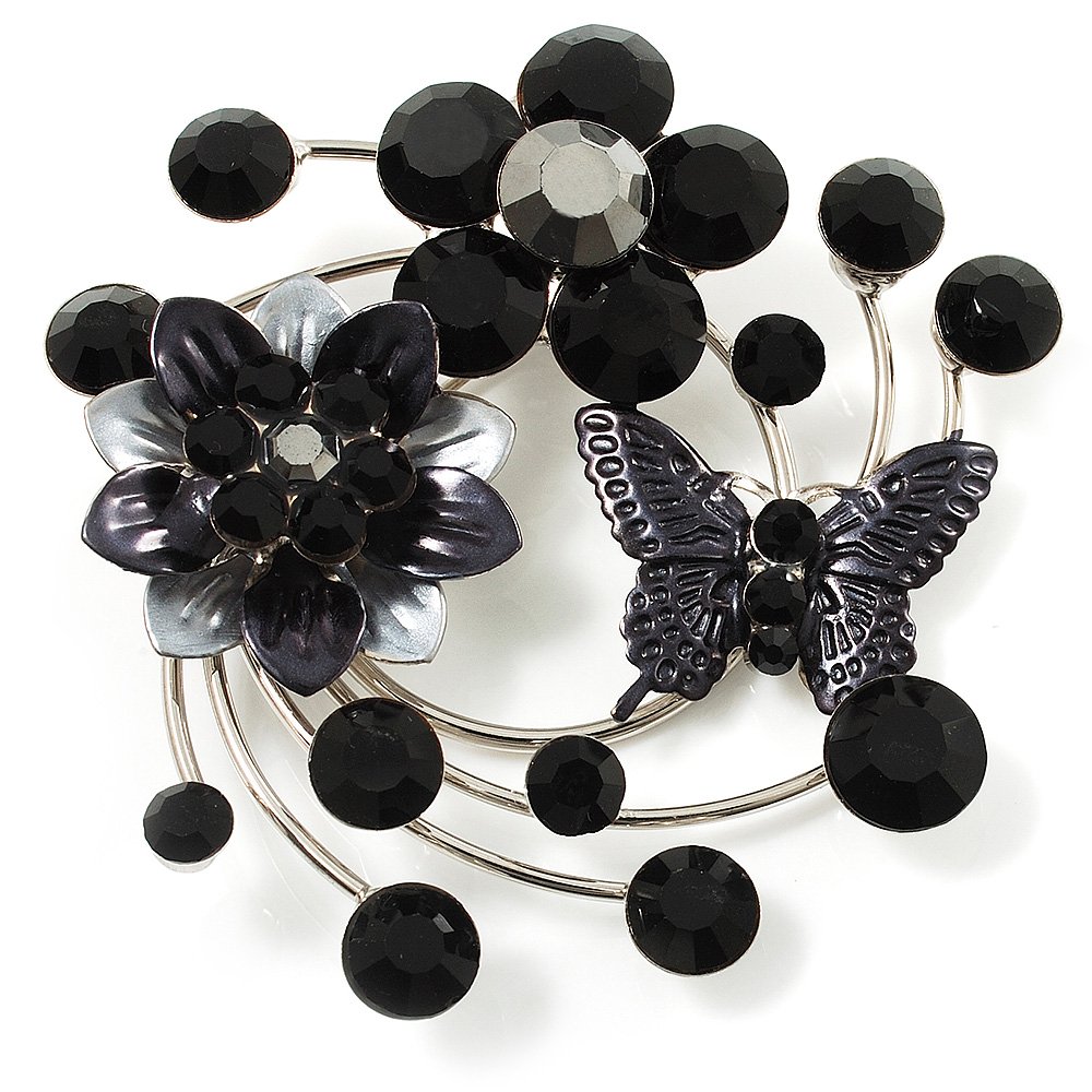 Fancy Butterfly And Flower Brooch (Black & Silver Tone)