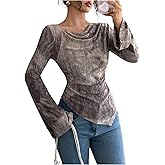 OYOANGLE Women's Cowl Neck Long Sleeve Asymmetrical T Shirts Vintage Ripped Ruched Going Out Tee Top