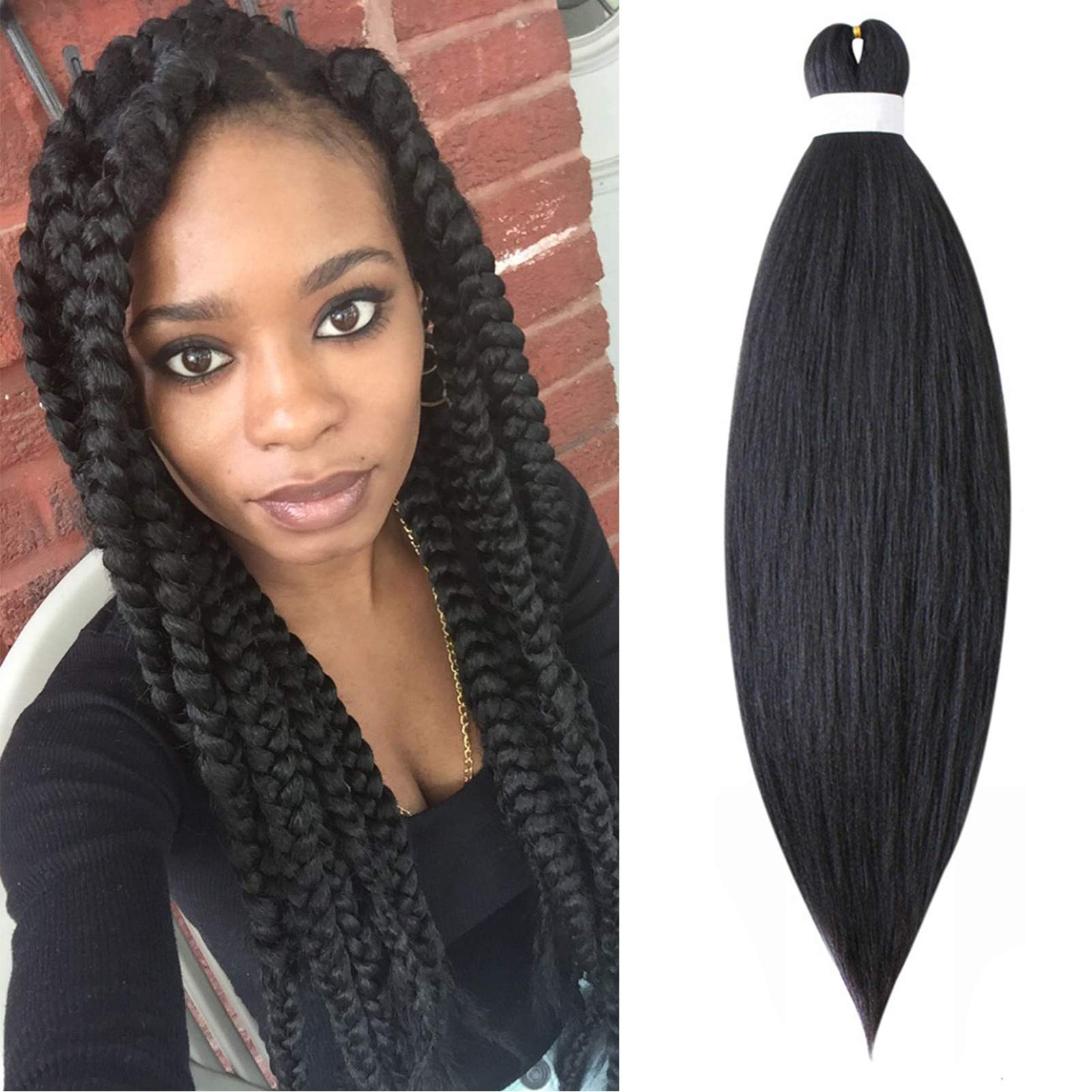 26inch Pre Stretched Braiding Hair Extensions EZ Easy Braids Professional Hair Synthetic Fiber Crochet Twist Hair Yaki Texuture Hot Water Setting Long Soft(1pack Natural Black)