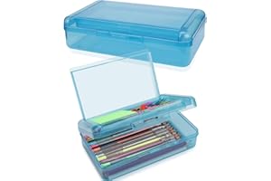 SFLHHDM 1 PCS Pencil Box,Double Layer Large Capacity Pencil Case,Hard Pencils Case with Snap-tight Lid, Clear Crayon Box for Office School Supplies Storage Boxes,Storage Organizer for Gel Pens Erasers-Blue