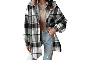 Dokotoo Women's Flannel Hooded Plaid Shacket 2024 Thick Coat Winter Coat for Warmth Button down Coat Warm and Fuzzy Jacket