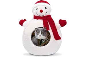 CATISM Christmas Cat Bed for Indoor Cats, Cute Snowman Cat House with Warm Cushions, Funny Teddy Fleece Cat Bed Cave for Small Middle Cats and Dogs, White (16 * 16 * 22 Inches)