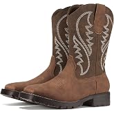Rollda Men's Western Cowboy Boots Square Toe Chunky Heel Mid-Calf Boots | Western Embroidery, Synthetic Leather, Breathable Lining, Slip-Resistant Sole, Stable Heel, Pull-On, Easy Care, Versatile