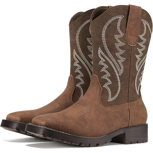Men\'s Brown Square Toe Chunky Heel Mid-calf Classic Embroidered Pull On Boots Bruce Bull Neck Square Toe Cowboy Boot – Rock main image 4