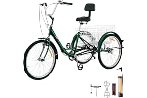 VEVOR Green Tricycle Adult 26’’ 7-Speed 3 Wheel Bikes for Adults Three Wheel Bike for Adults Adult Trike Adult Folding Tricyc