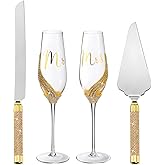 Sratte 4 Pcs Wedding Cake Knife and Champagne Flutes Server Set, Toasting Crystal Rhinestone Champagne Flutes Glasses Cake Knife Pie Server Wedding Gifts for Couple Bride Groom (Gold)
