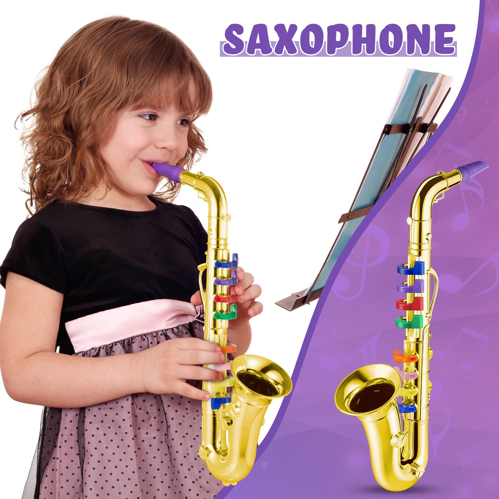 Lewtemi Set of 3 Saxophone for Kids Christmas Musical Instruments Toy Saxophone Toy Trumpet and Clarinet with 8 Colored Coded Keys Teaching Songs Gifts for Toddlers Children(Gold)