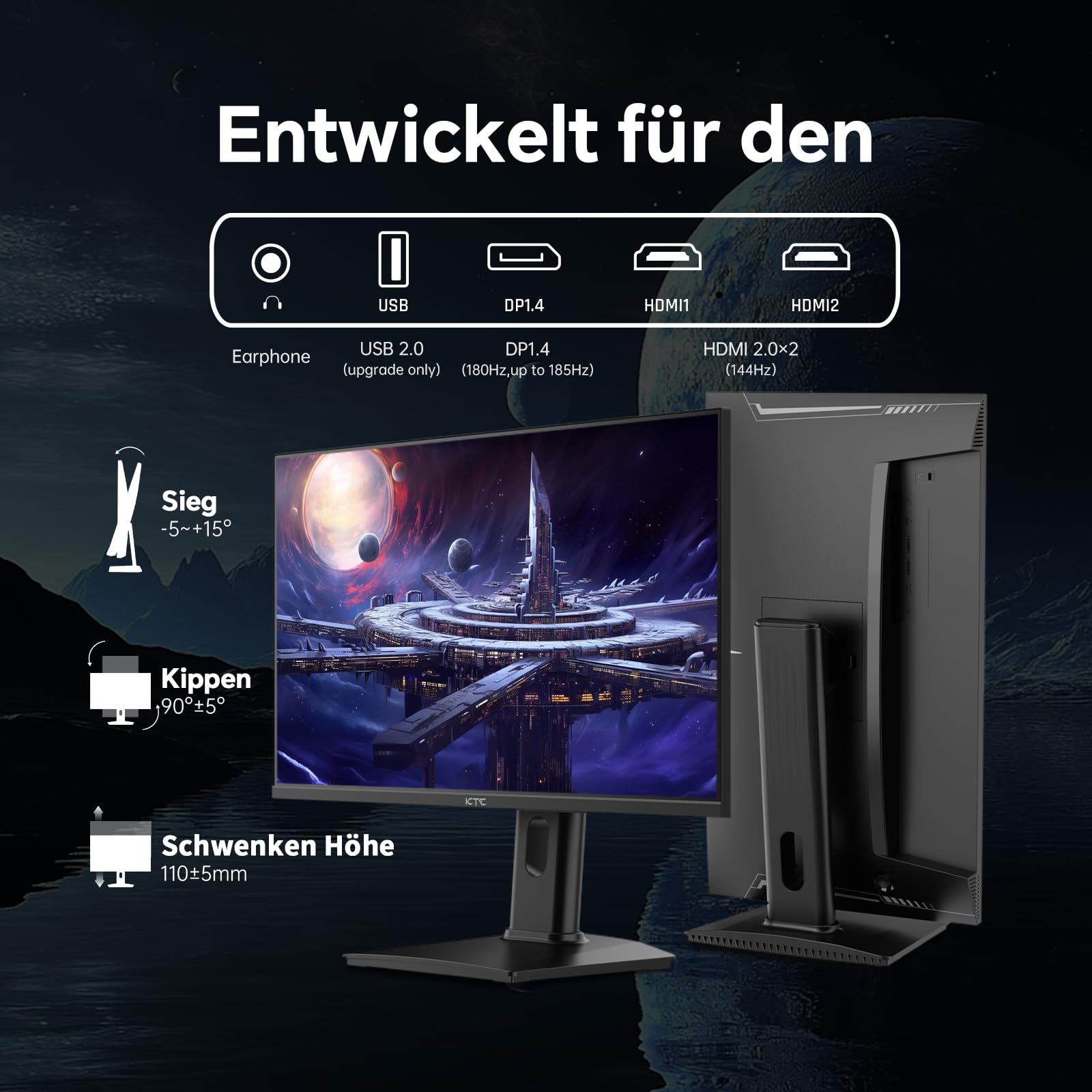 KTC Gaming Monitor, Bildschirm 24 Zoll QHD 2K@180Hz / 144Hz mit Fast IPS Panel,1ms, HDR 400, Adaptive Sync, 400 cd/m² Helligkeit, Verstellbarer Ständer für vertikale und VESA (100x100 mm) 6