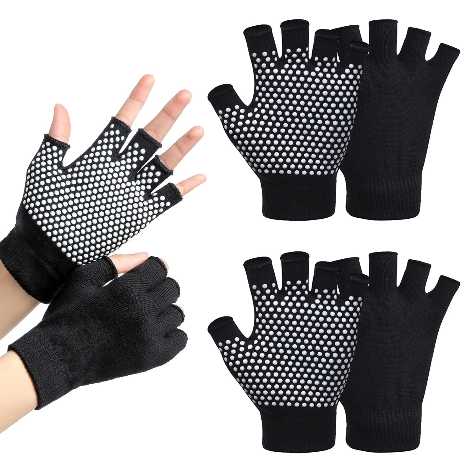 SwirlColor Yoga Gloves Non Slip Womens, 2 Pairs Black Fingerless Gloves Gym Gloves for Yoga Exercise Cycling