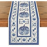 Artoid Mode 210 GSM Fall Table Runner Home Party Decor 13x72 Inch | Blue and White Porcelain Pumpkin Leaf, Seasonal Kitchen Dining Table Decoration