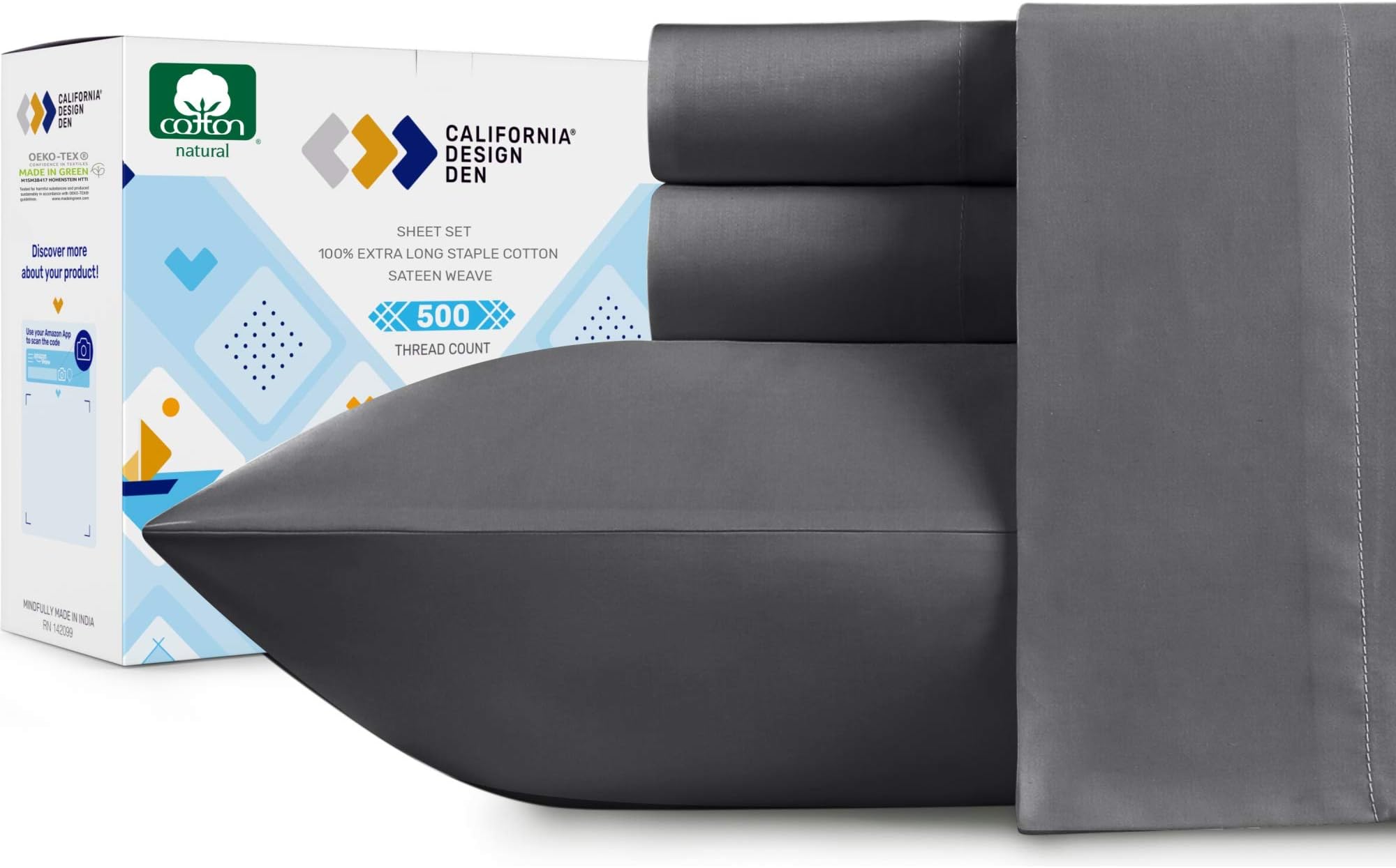 California Design Den - Sheets for Queen Size Bed, Soft 100% Cotton Cooling Sheets Deep Pockets Snug Fit Elastic, 500 Thread Count, Beats Egyptian Quality Cotton Claims (Grey)