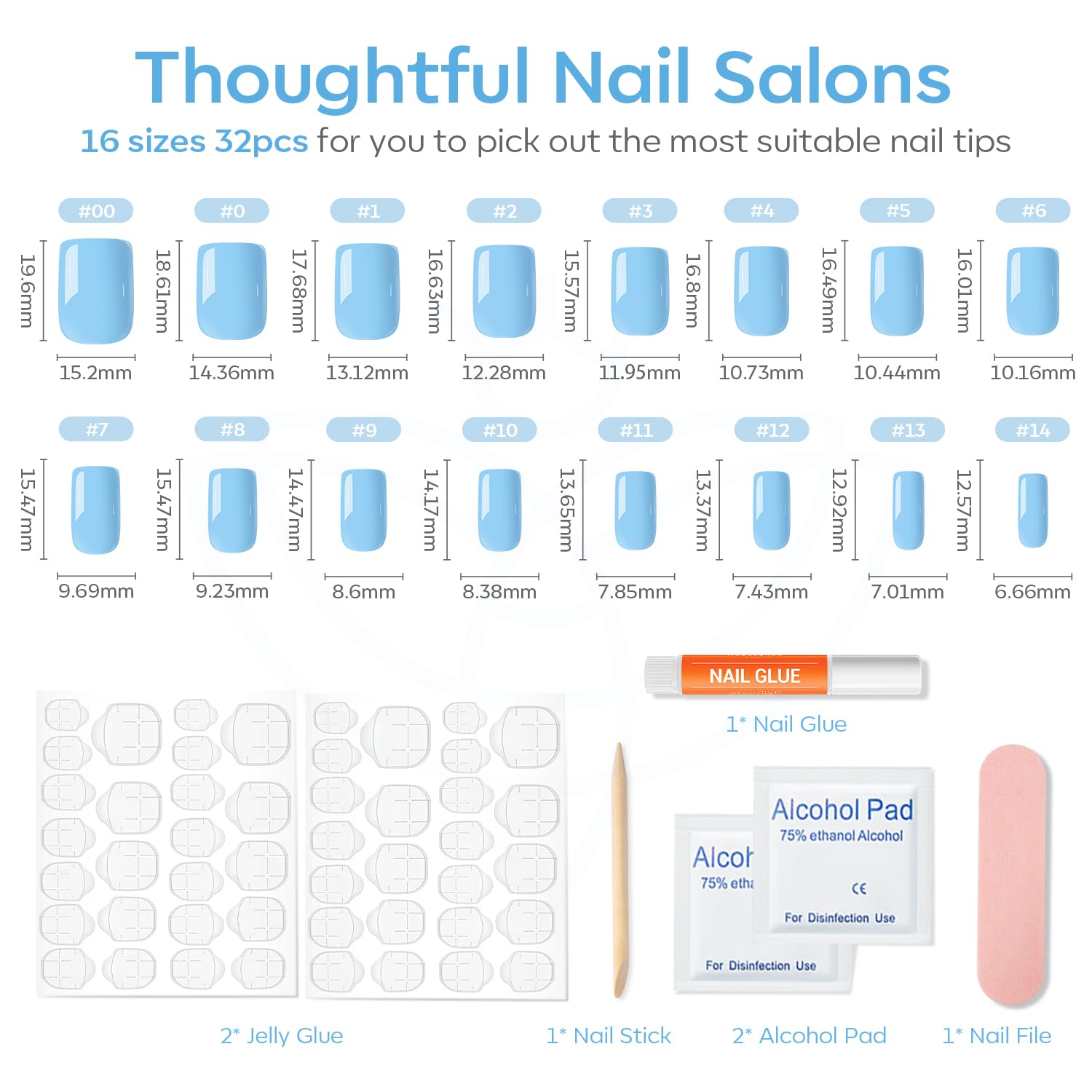 Modelones 32Pcs Baby Blue Press on Nails, Upgrade Short Square Fake Nails, Reusable Nail Kit with Nail Glue Adhesive Tabs Mini Nail File, Nails Press Ons 16 Sizes - Image 5