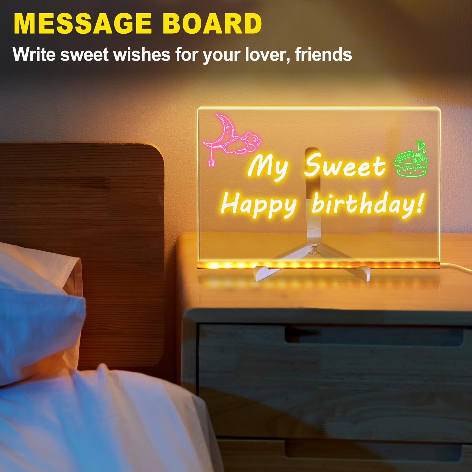 LED Note Board with Colors Christmas Gifts for Teens, Led Message Note Board Writing Board Drawing Board for Kids, Acrylic Light Up Dry Erase Board for Festival Decoration 7 Markers, 11.8 X 7.9in