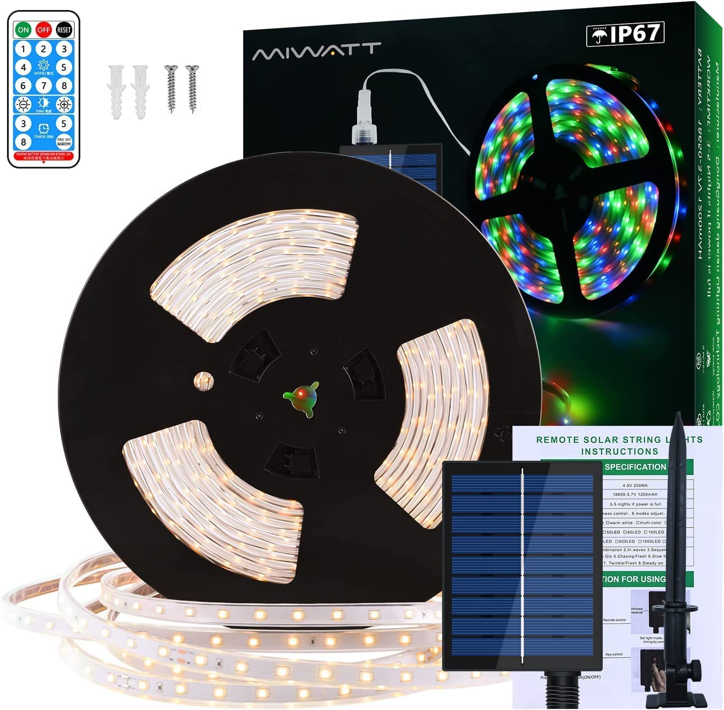 MIWATT Solar Strip Lights, 10M Warm White 560 LED Strip Outdoor Rope Light with Remote Control Timer PVC Tube Cover Lights Strip Waterproof for Bedroom Garden Patio Pool Christmas Decoration