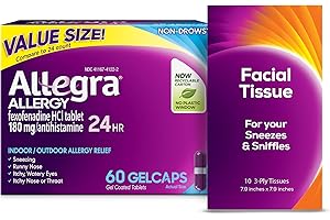 Allegra Adult 24-Hour Allergy Relief Gelcaps with Bonus Tissue Pack, Non-Drowsy Indoor and Outdoor Allergy Medicine, 180 mg Fexofenadine HCI Antihistamine Pill, 60-Count