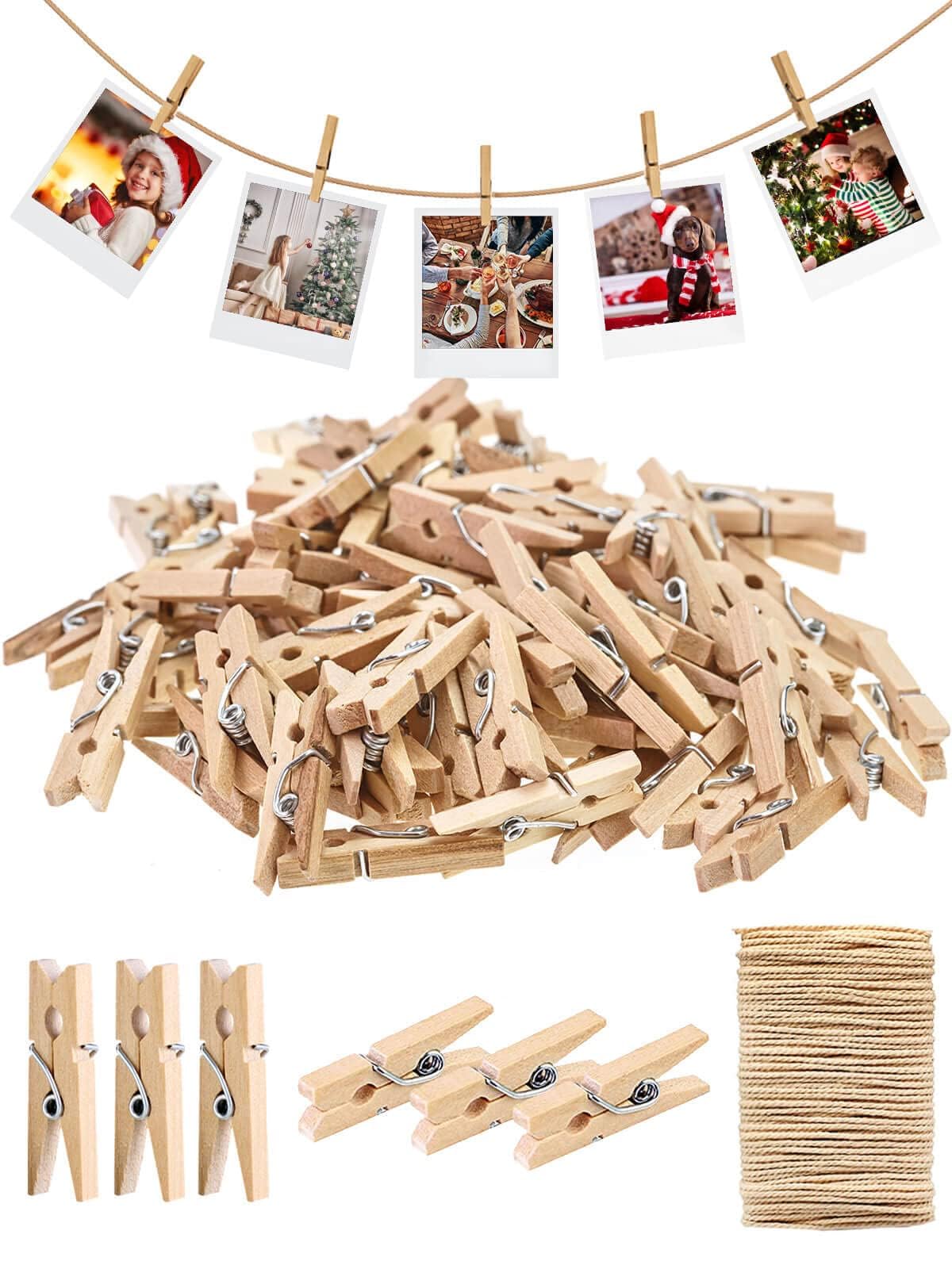 Photo 1 of Sturdy Mini Clothes Pins for Photo, 150 Pcs 1 Inch Natural Wooden Clothespins with 33 FT Jute Twine, Small Clips for Crafts Display, Baby Shower Game, Hanging Decorative Pictures, Cocktail, Weddings
